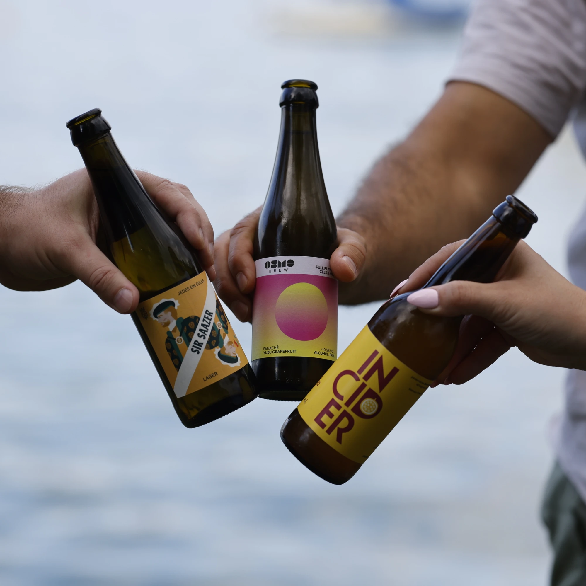 Anstossen mit Cider und Bier Flaschen